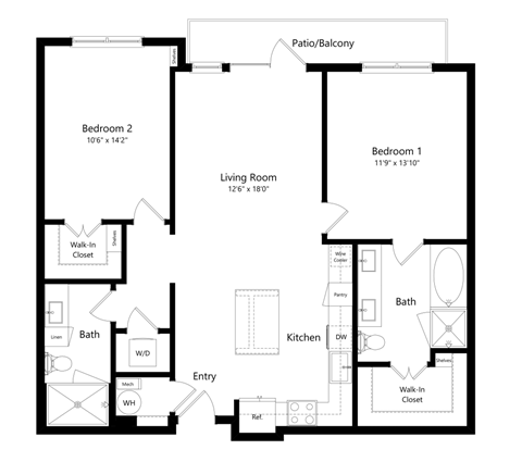 Floor plan for 2 beds, 2 baths, 1103 sqft
